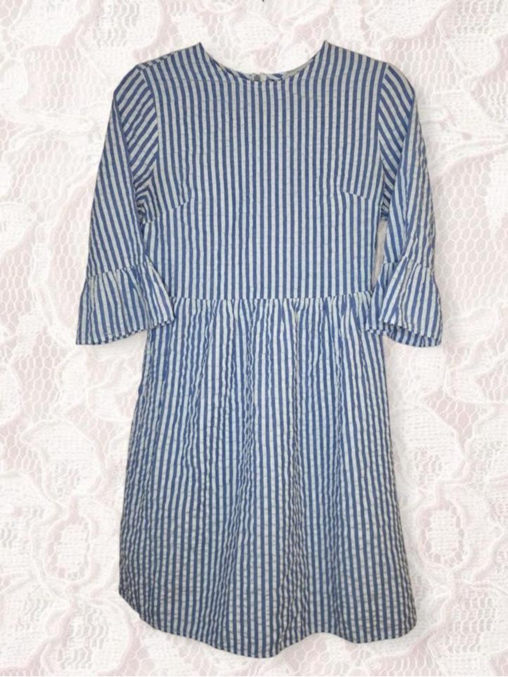 Ces Femme Blue White Seersucker Stripe Midi Dress Flutter Sleeve Small